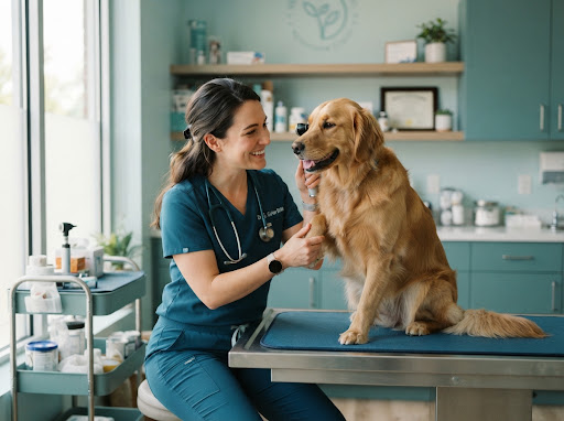 Veterinaria examinando un perro con afecto en consultorio clínico